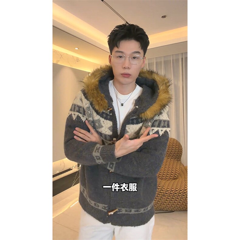 重磅北极绒座山雕大毛毛领毛衣外套冬美式复古休闲慵懒风针织开衫图片