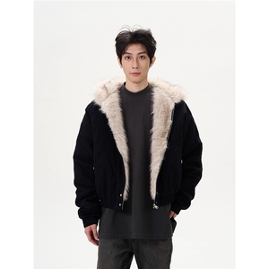 W592-P108 美式座山雕毛领外套男小众潮牌设计感痞帅夹克棉服潮图片