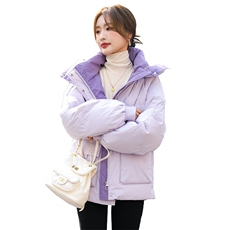 【现货】加厚冬季短款羽绒服女纯色面包服连帽撞色拼接潮，女装羽绒服，梦懿尔