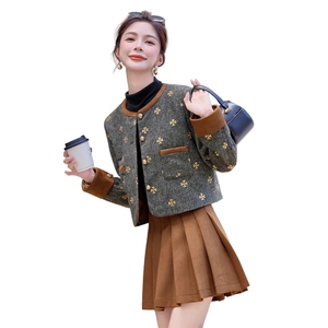 现货2025年新款小香风粗花呢套裙秋冬淑女短外套麂皮绒百折裙短裙图片