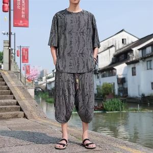 主推款风套装夏季薄款潮流设计感大码宽松休闲短袖长裤两件套男,天丝衬衫搭配外套图片