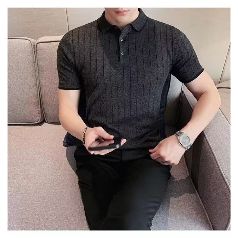网图 休闲透气人字纹提花短袖POLO衫男士修身冰丝条纹针织翻领T恤图片