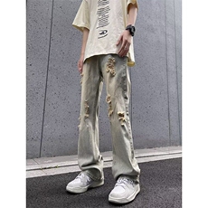 美式街头水洗做旧破洞牛仔裤男直筒宽松高街vibe风长裤10955-P42，男装牛仔裤，星座1008