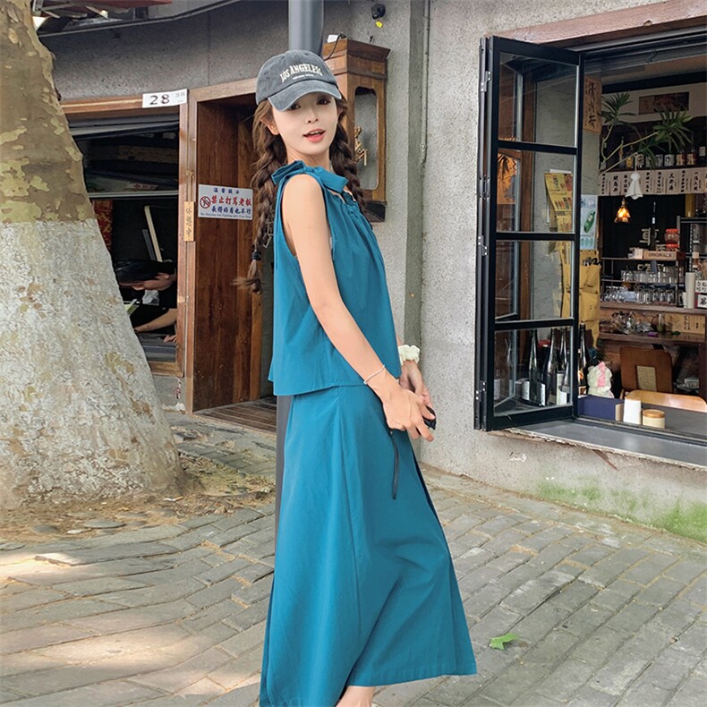 法式甜美减龄背心上衣套装女2025夏季新款显瘦压褶半身长裙两件套,女装连衣裙,2C016