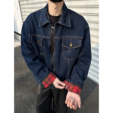 美式复古格纹拼接牛仔外套男女休闲宽松百搭工装夹克潮JK1166-P78，男装夹克，星座1103-3