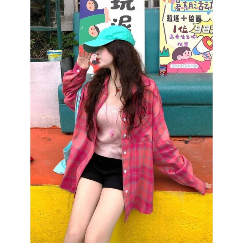 TC773-P45慵懒风百搭格子长袖衬衫女装新款中长款宽松显瘦衬衣，女装衬衫，星座617A-2