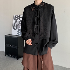 春夏24山本暗黑风提花长袖设计感加肥加大码假两件马甲显瘦衬衫，男装背心/马甲，星座909