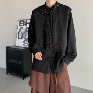 春夏24山本暗黑风提花长袖设计感加肥加大码假两件马甲显瘦衬衫图片