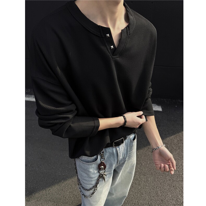 25春装慵懒感小V领铆钉华夫格长袖T恤打底衫上衣男H1051P28，男装T恤，电商A341