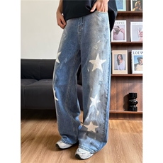 美式vibe复古百搭星星牛仔裤子宽松直筒阔腿拖地裤K71226-P49网图，男装牛仔裤，电商B245