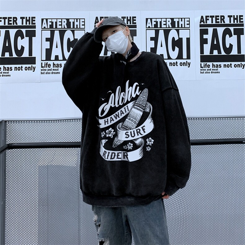 XZ517A-BK5507P60欧美重磅水洗复古圆领卫衣潮流大码男装,男装卫衣,星座517A