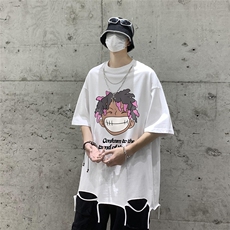 港风23新款夏季时尚卡通印花流苏圆领宽松短袖T恤DT6341P45控68，男装T恤，电商A268A