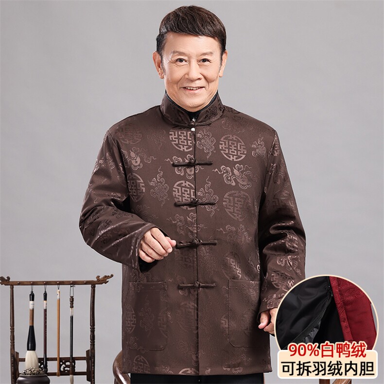 情侣风唐装男女可脱卸羽绒服90白鸭绒中老年冬羽绒服唐装外套图片