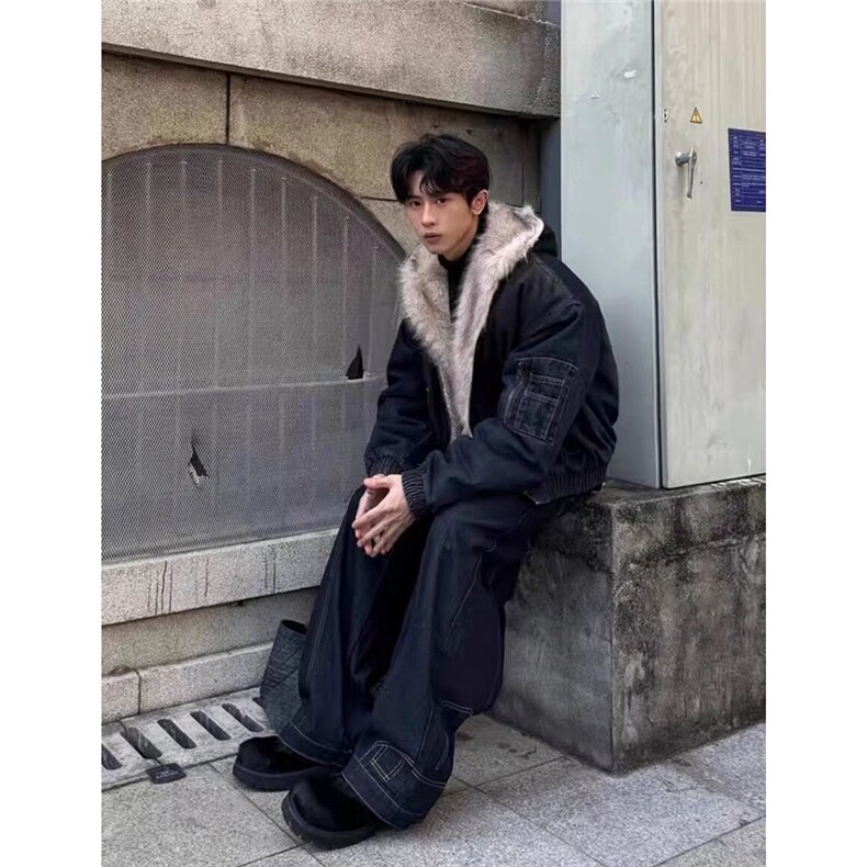 美式连帽牛仔棉服男女水洗重磅座山雕毛领复古加绒加厚夹克外套潮,男装夹克,星座1210-1