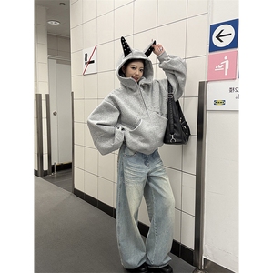 抖音得物高品质 26春装美式高街铆钉杜宾犬耳朵开衫卫衣外套W125图片