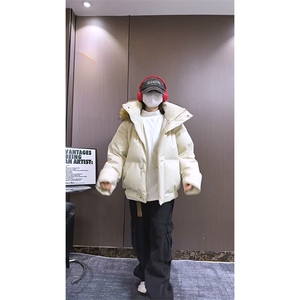 现货三防重磅硬挺boxy短款羽绒棉衣座山雕大毛毛领PU皮棉服外套冬图片