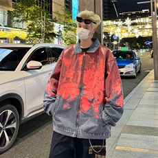 美式做旧扎染牛仔外套春秋季新款废士风设计感宽松潮流夹克，男装工装外套，星座410-7