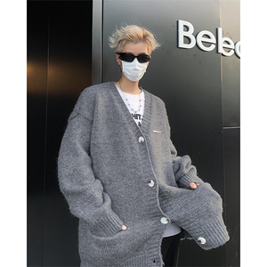 美式复古V领开衫毛衣宽松百搭针织衫男女情侣外套潮牌92211-p53图片