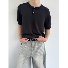 夏季韩系亨利领凉感针织短袖男士老钱风正肩t恤男假两件A981-P42，男装T恤，星座208-5