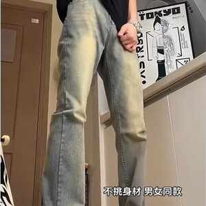 复古蓝牛仔裤男秋冬款美式高街裤子加绒直筒微喇裤AM52066 P45图片
