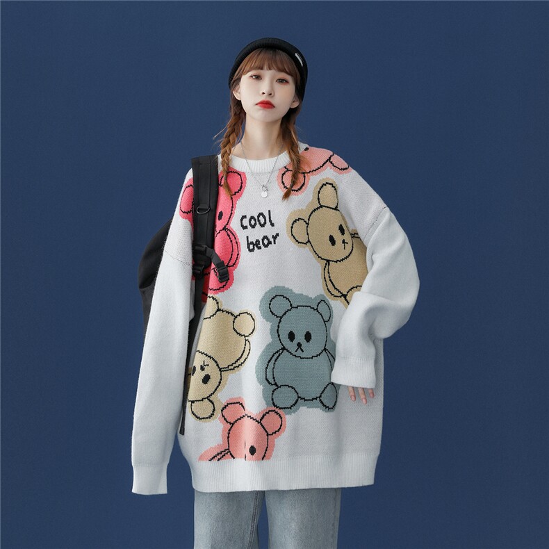 中性风22秋冬港风卡通小熊字母图案圆领针织毛衣M06P65控88，男装针织衫/毛衣，A247A
