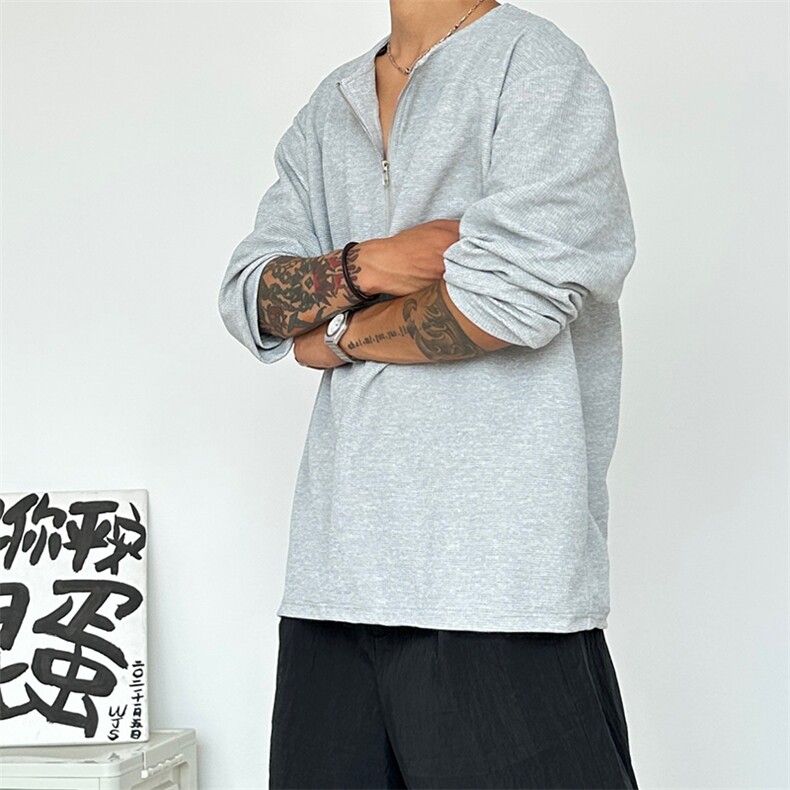 秋冬美式潮男拉链卫衣华夫格长袖T恤男女宽松大码打底衫Y102-P35,男装T恤,星座222-7