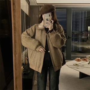C868-P110毛毛翻领夹棉毛呢外套女冬2025新款宽松小个子夹克上衣图片