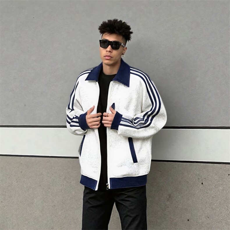 抖音得物品质秋冬美式高街重磅结构拼接织带翻领卫衣夹克外套W113,男装夹克,电商A486