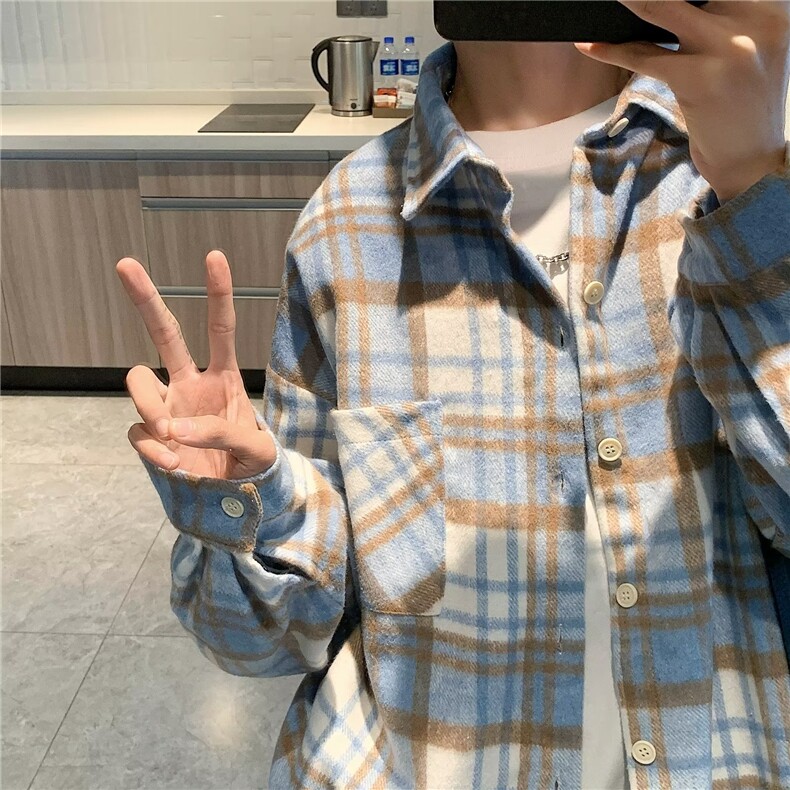 wassuphappy毛呢衬衫男春秋季潮牌宽松长袖衬衣服青少年休闲外套,男装衬衫,星座1116-2