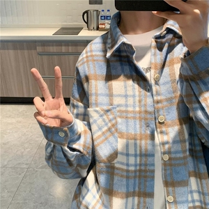 wassup happy毛呢衬衫男春秋季潮牌宽松长袖衬衣服青少年休闲外套图片