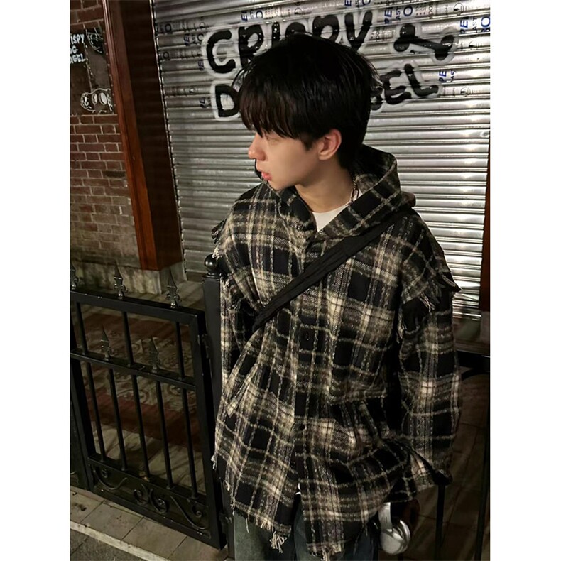 秋季新小众设计师款红色格子毛边宽松连帽衬衫式外套CK53,男装衬衫,星座1116A（原606A-3）