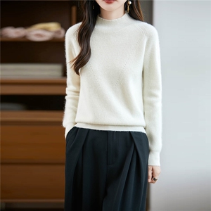 半高领坑条提花100%纯羊毛衫针织毛衣女长袖宽松羊绒衫加厚打底衫图片