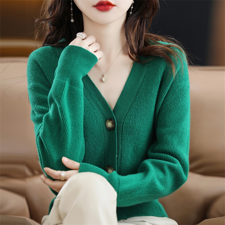 气质加厚女V领纯羊毛开衫短款外套系扣毛衣秋韩版针织衫外搭羊绒,女装羊毛衫,鹿一羊绒