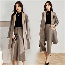 时尚格纹毛呢套装女秋冬季新款气质显瘦长袖外套阔腿裤两件套，女装套装/套裙，贵人树