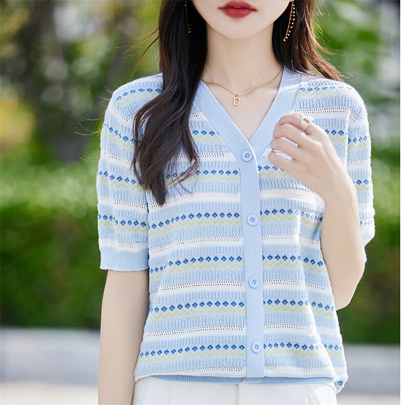 纯棉线条纹提花针织短袖开衫女T恤2025夏薄宽松舒适洋气百搭上衣,针织衫/毛衣,斯美雅电商供货