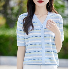 纯棉线条纹提花针织短袖开衫女T恤2025夏薄宽松舒适洋气百搭上衣，女装针织衫/毛衣，斯美雅电商供货