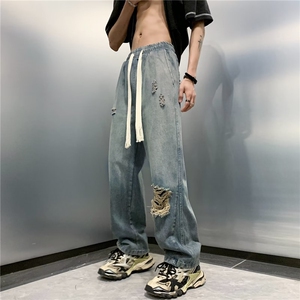 美式高街破洞牛仔裤男女ins潮牌hiphop宽松直筒长裤N01709-P48图片