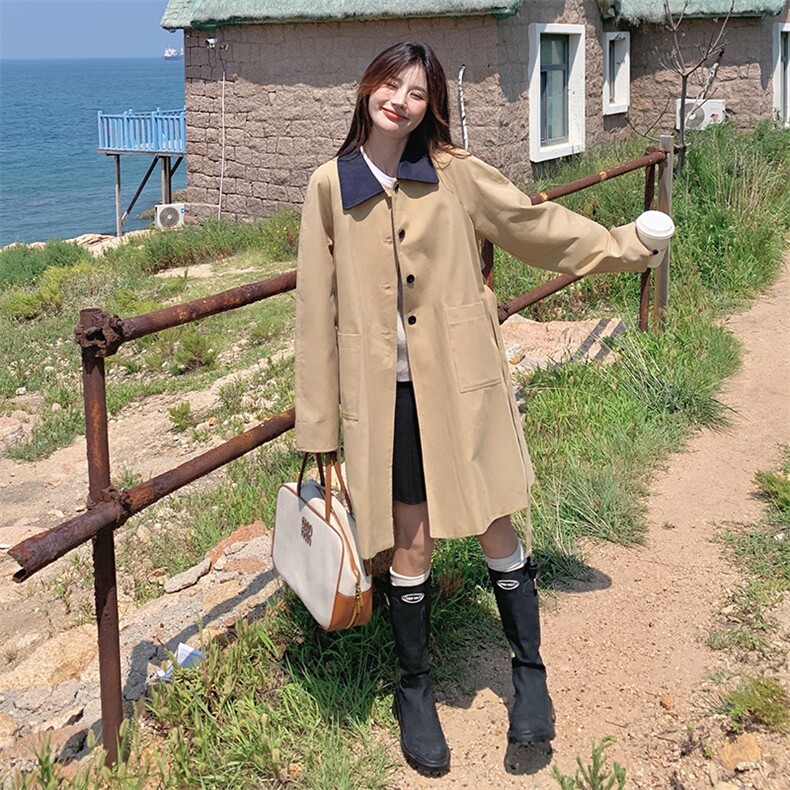 条纹翻边风衣外套女春秋2025新款韩系高级感收腰洋气中长款大衣,女装风衣,蝶眷