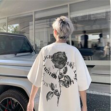 纯棉260g后背玫瑰环绕字母字母印花t恤男生潮牌五分袖体恤青少年，男装T恤，星座715-4