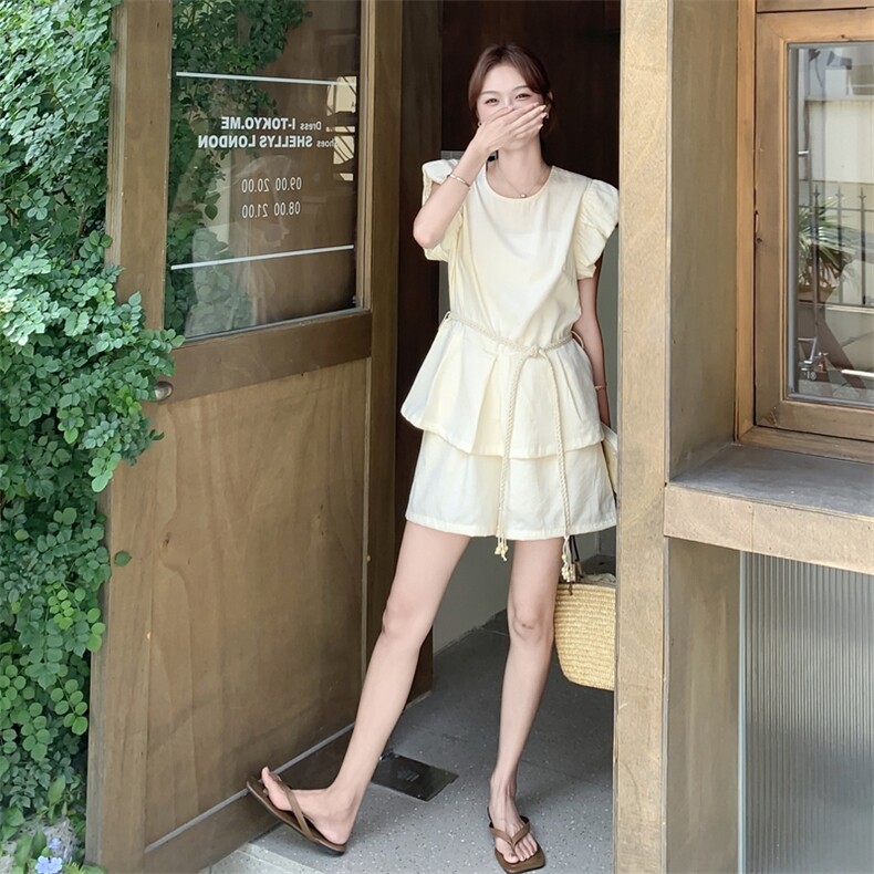小飞袖白色衬衫短裤套装女夏2025新款小个子氛围感两件套超火爆款,女装套装/套裙,2C159