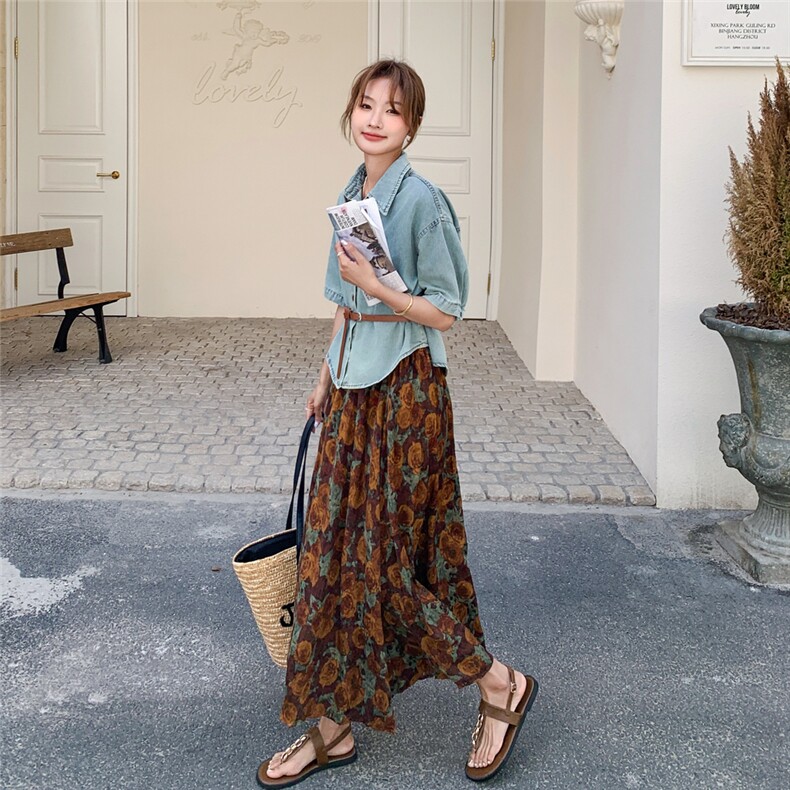 休闲牛仔衬衫碎花半身裙时尚套装女2025夏季新款设计感减龄两件套,女装套装/套裙,2C239