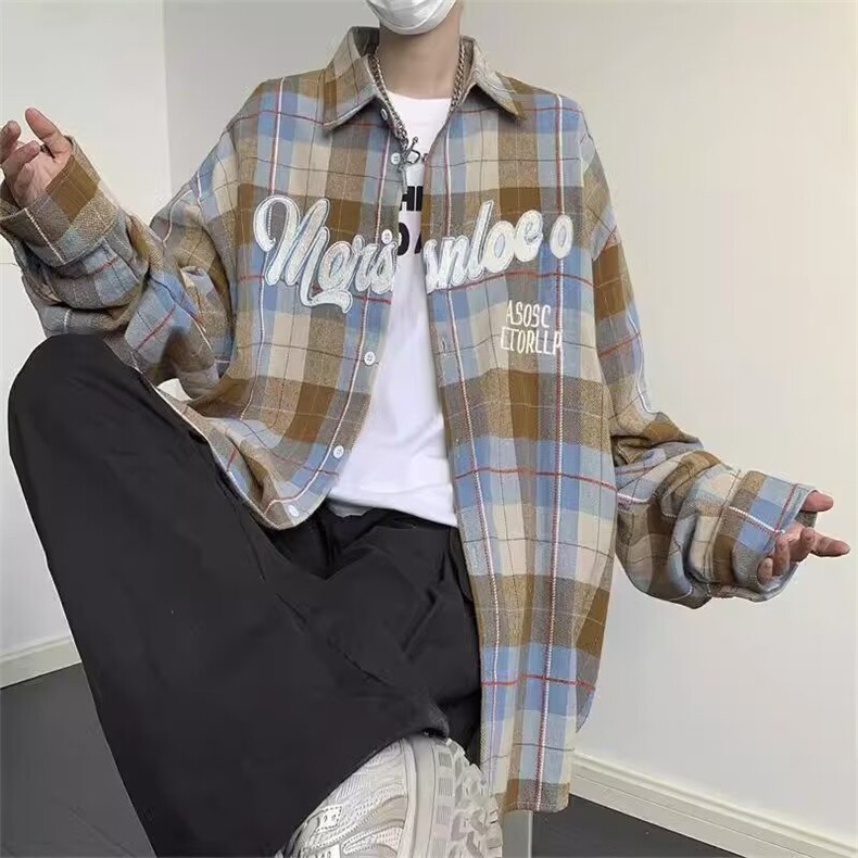 1506/Q3790/P43美式复古绿色格子衬衫男宽松情侣休闲衬衣外套,男装衬衫,星座1506