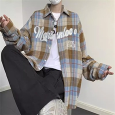 1506/Q3790/P43美式复古绿色格子衬衫男宽松情侣休闲衬衣外套，男装衬衫，星座1506