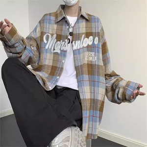 1506/Q3790/P43美式复古绿色格子衬衫男宽松情侣休闲衬衣外套图片