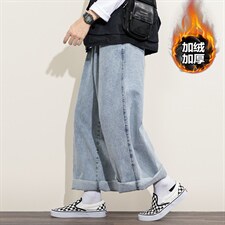 2023冬加绒加厚牛仔裤男日系白墙模特拖地阔腿长裤N80211-P60，女装牛仔裤，电商A082