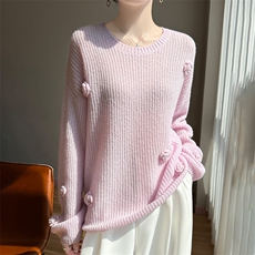 2025年秋季长袖通勤元宝针钩花圆领时尚百搭休闲，女装羊绒衫，多娇羊绒