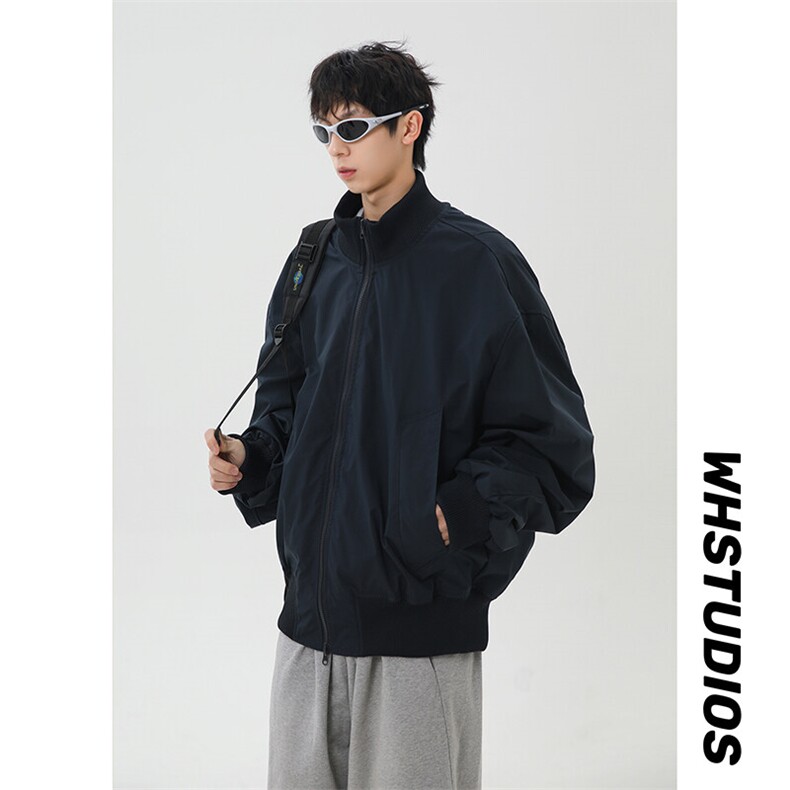 港风日系复古设计感拼接高领开衫夹克外套 XZ213-JK4000-P60控88图片