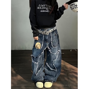 复古破洞牛仔裤女秋季美式设计感宽松垂感直筒阔腿裤子NZ7089图片