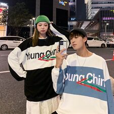 703-W220秋季情侣宽松拼色不对称圆领休闲卫衣女装类目，男装卫衣，星座703