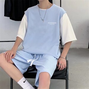 华夫格假两件短袖套装男夏季薄款潮流半袖短裤T恤一套 T1151-P45图片